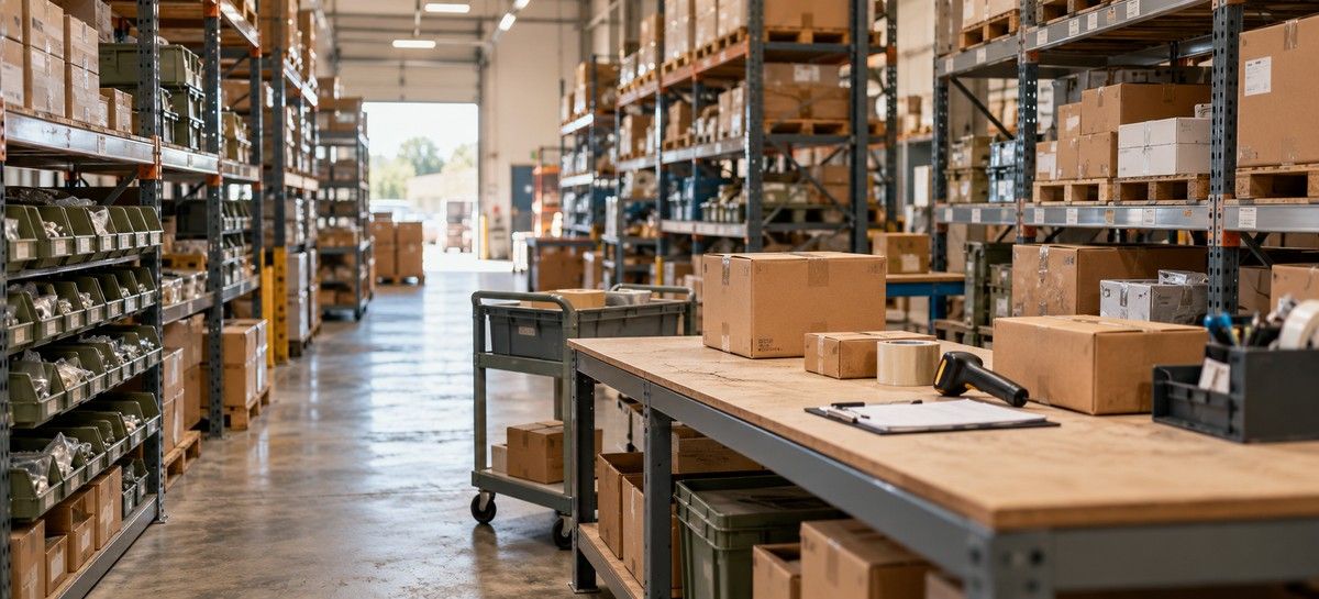Warehouse aisle with racking and a packing bench