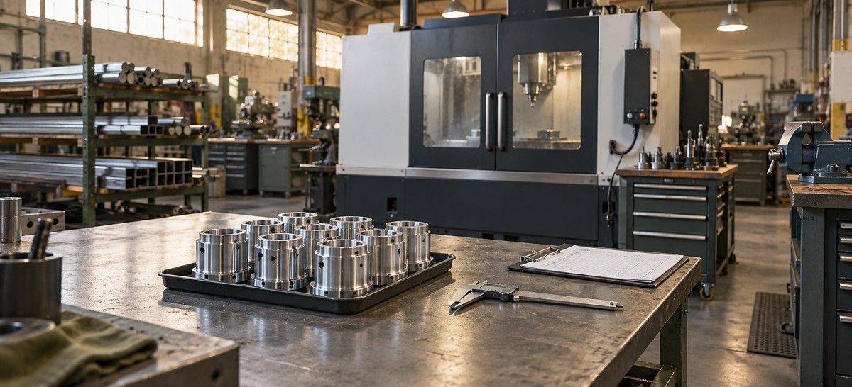 Machine shop floor with finished parts, calipers and a CNC machine