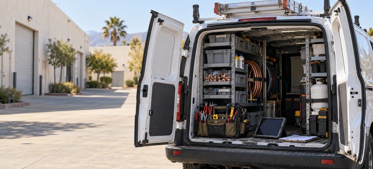 Contractor's van with doors open, shelving and tools inside